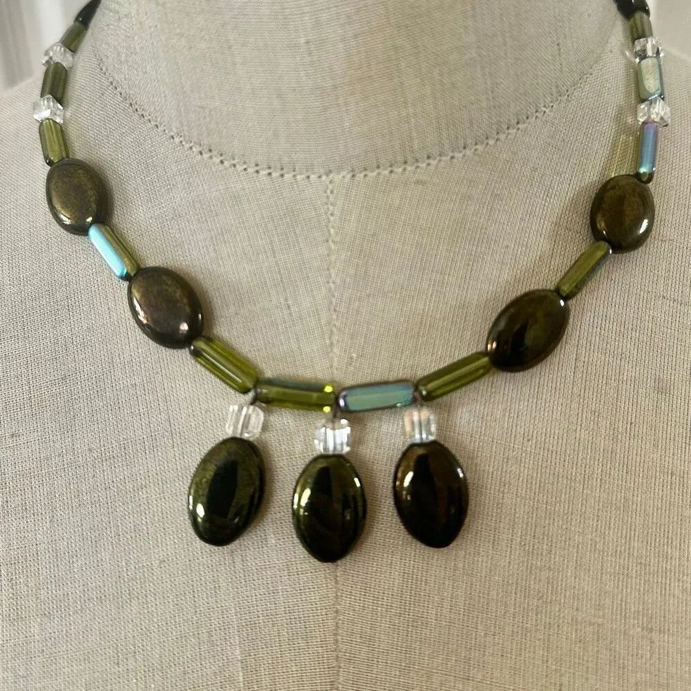 Olive Green Art Glass & Crystal Drop Necklace